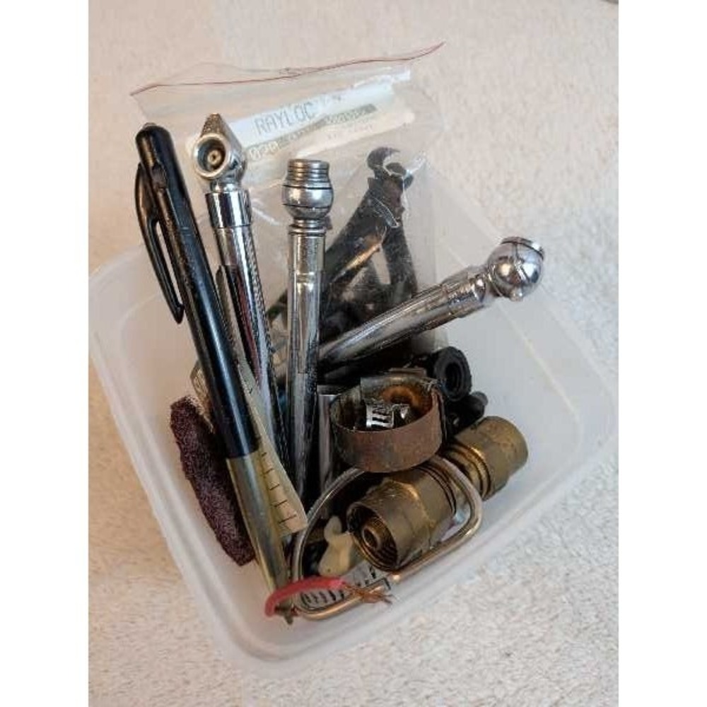 Vintage Tire Gauge Lot Assorted Tools Pen Brass Fittings Junk Drawer
